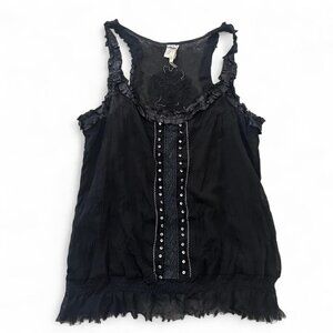 Vintage black sheer tank top with beading and rhinestone details